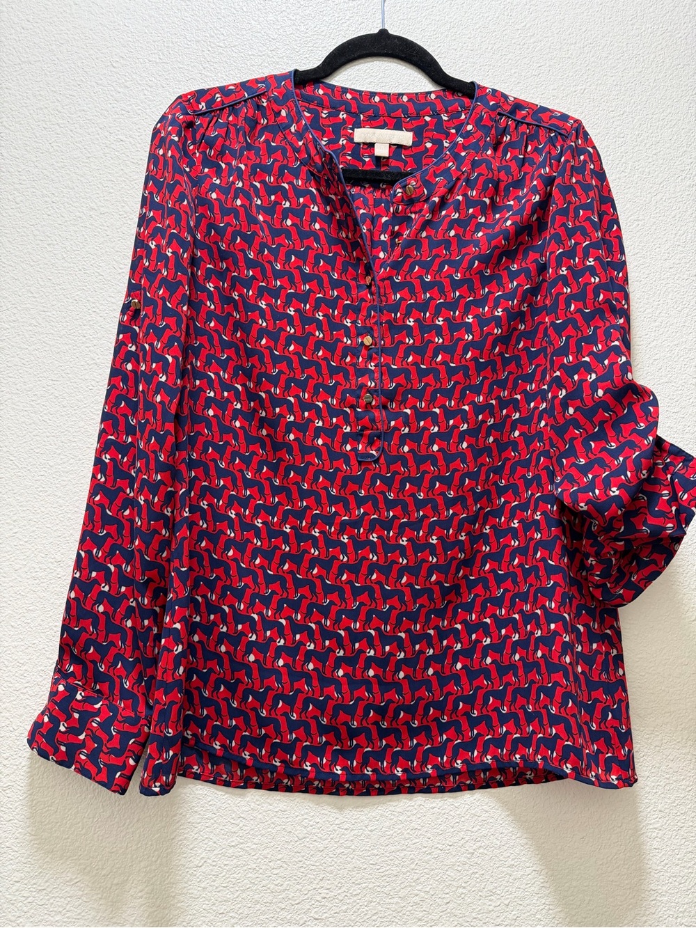 Banana Republic Red & Navy Dog Printed Blouse with Tab and Loop Sleeve